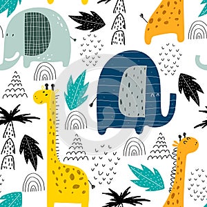 seamless pattern with cartoon giraffes, elephants, palm trees, decor elements. Colorful vector flat style for kids. animal theme.